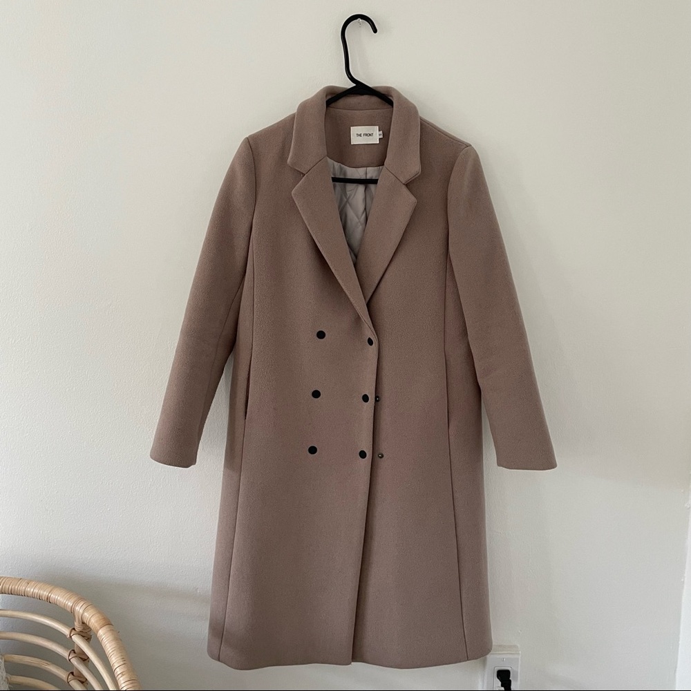 the front taupe wool blend coat